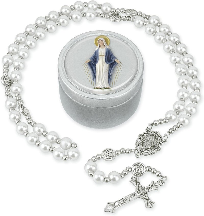 SUTANALE 8mm Glass Pearl Rosary Necklace for Women - Catholic Prayer Beads with Gift Box, Handmade Religious Jewelry for Baptism, First Communion - Image 1